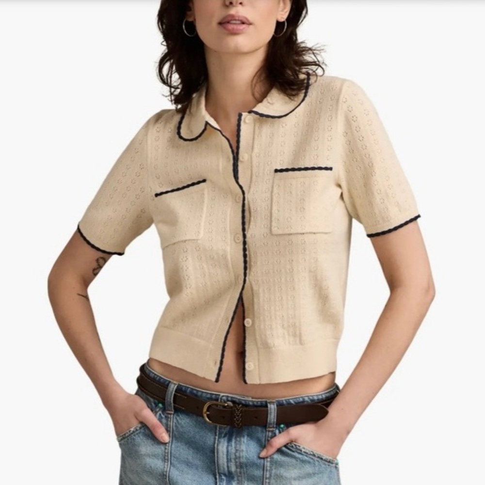 Lucky Brand Pointelle Trim Front Botton Cardigan Cream W/ Blue Trim Size M NWT